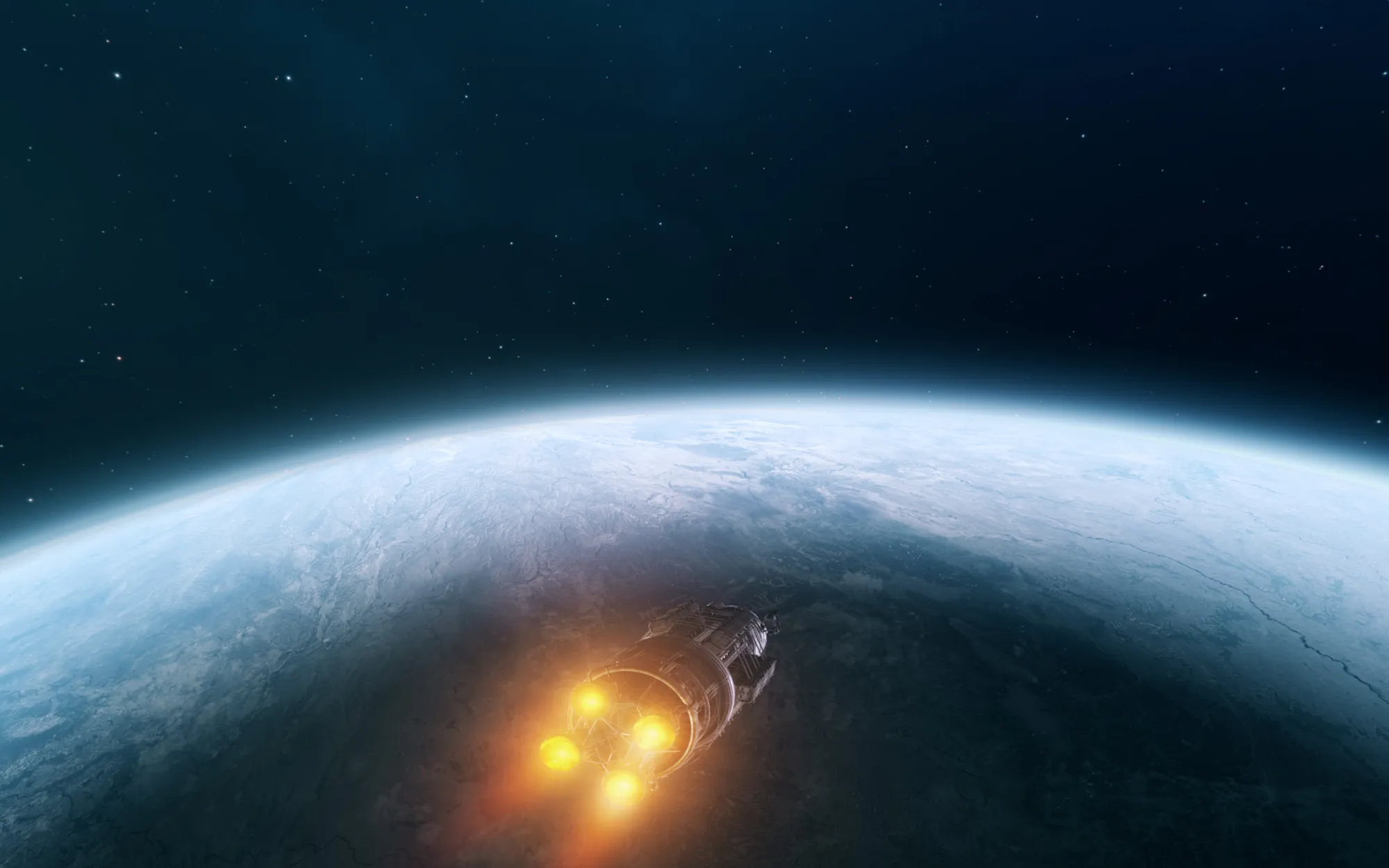 A starship arriving at an ocean world, from A New Blue