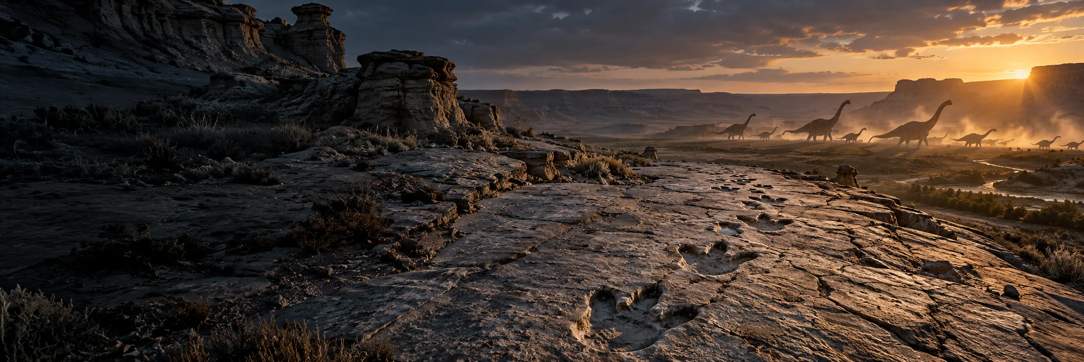 Dinosaur tracks across the Montana badlands at sunset